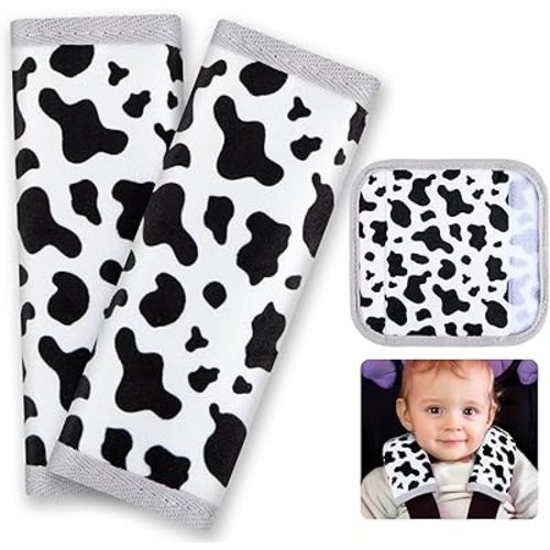 Seat Belt Cover Pad for Baby, Soft Seatbelt Cushion Covers for Kids 2Pcs Car Seat Strap Shoulder Pads for All Car Seats, Stroller, High Chair,Black White Cow