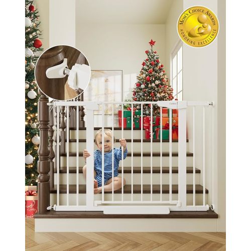 Cumbor 29.7-46" Baby Gate for Stairs, Mom's Choice Awards Winner-Auto Close Dog Gate for the House, Easy Install Pressure Mounted Pet Gates for Doorways, Easy Walk Thru Wide Safety Gate for Dog, White