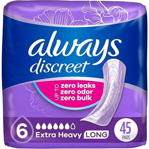 Always Discreet Adult Incontinence Pads for Women, Extra Heavy Absorbency, Long Length, Postpartum Pads, 45 Count (Packaging May Vary)