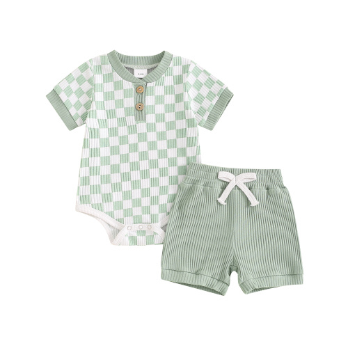 Mevireiy Baby Boys Two Pieces Outfits Ribbed Knit Checkerboard Print Romper Tops Shorts