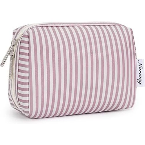 Narwey Small Striped Makeup Bag for Purse Mini Cosmetic Bag Travel Makeup Pouch Zipper Pouch Cute Make up Bags with Compartments for Women Girls (Dusty Rose Stripe, Small)