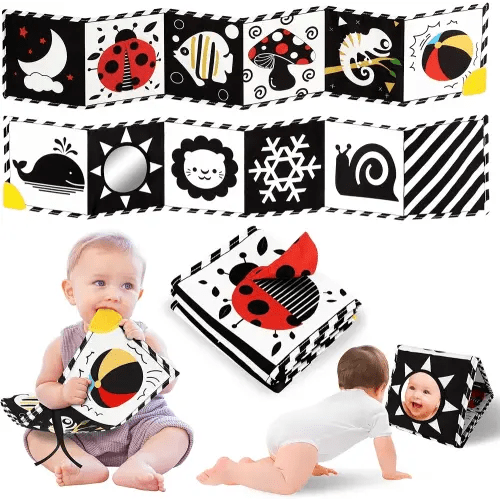 High Contrast Baby Book with Teether, Black and White Baby Book, 0-6-12 Months Soft Book for Newborn, Sensory Books, Montessori Learning Activities for Babies, Easter Basket Stuffer