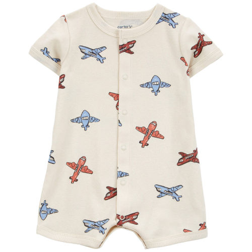 Baby Airplane-Print Ribbed Short-Sleeve Romper - Cream - Carter's | Carter's
