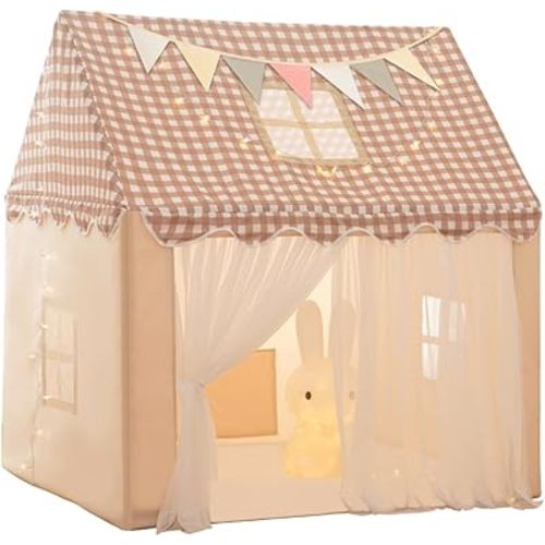 Large Kids Tent Playhouse Basic Mat with Star Lights, Flags and Tote Bags, Play House Indoor & Outdoor, Washable Tent for Boys & Girls, Kids Play House for Toddler
