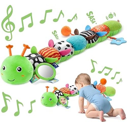 Sumobaby Baby Toys 0-6 6-12 Months, Music Caterpillar Plush Toy with Baby Mirror, Pull String&Crinkle Rattle,Infant Teething Toys,Tummy Time for 0-3-6-12 Month Boys Girls Newborn Gifts (Green-Leaf)