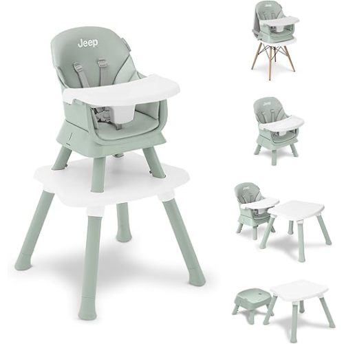 Jeep Milestone 6-in-1 High Chair by Delta Children High Chair Converts to Stool, Booster Seat, Toddler Chair, Activity Table and Desk and Chair, Sage Green