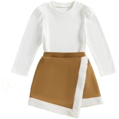 Fernvia Toddler Baby Girl Fall Winter Skirt Set Turtleneck Ribbed Long Sleeve T-Shirt Top & Plaid Skirts Dress 2Pcs Outfits