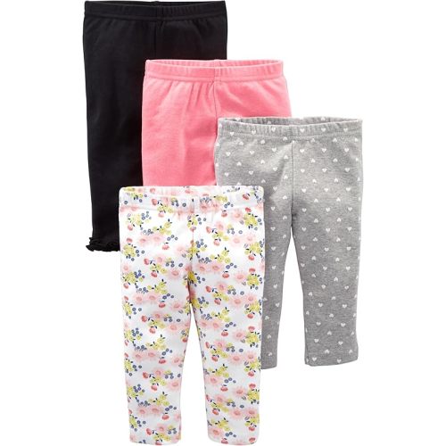 Simple Joys by Carter's Baby Girls' 4-Pack Pant, Newborn, Black/Grey Hearts/Pink/White Floral