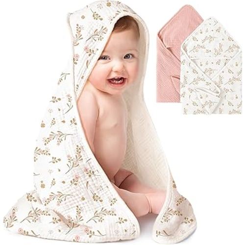 Konssy 2-Pack Muslin Hooded Baby Towels, 100% Cotton, Ultra-Soft & Absorbent Baby Bath Towels with Hood for Newborn & Infant (Pink, Floral,30" x 30")
