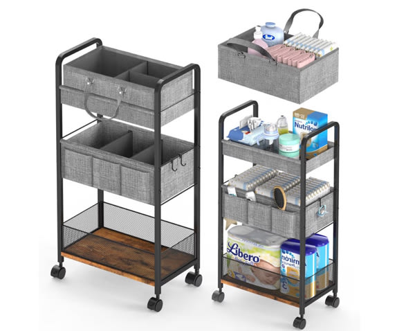 2In1 Baby Diaper Caddy & 3-Tier Rolling Cart, Diaper Caddy Organizer Carts with Dividers, Mobile Metal Utility Cart for Nursery Essentials, Detachable Bedside Cart, Large Capacity, White