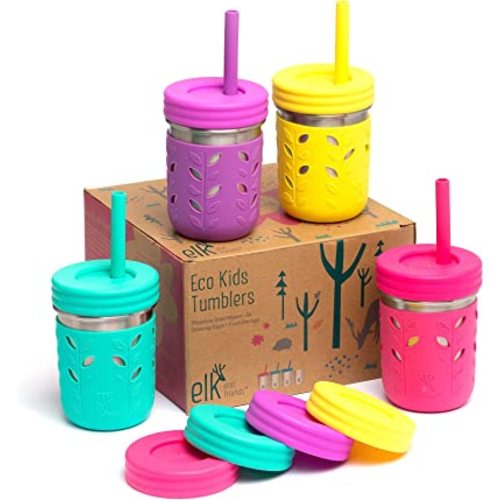 Elk and Friends Stainless Steel Cups | 10 oz Mason Jar design | Kids & Toddler Cups with Silicone Sleeves & Straws with Stopper | Smoothie Cups
