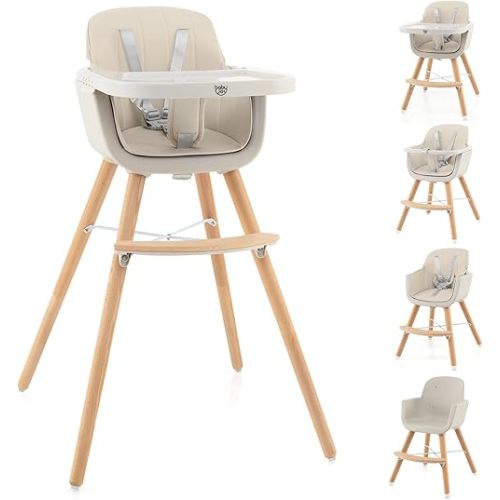 BABY JOY Convertible Baby High Chair, 3 in 1 Wooden Highchair/Booster/Chair with Removable Tray, Adjustable Legs, 5-Point Harness, PU Cushion and Footrest for Baby, Infants, Toddlers (Beige)