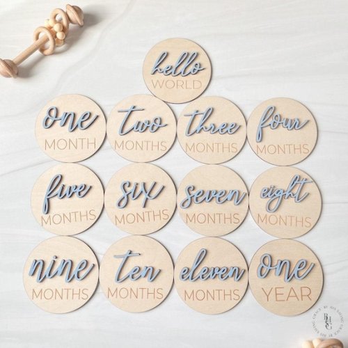 3D Wooden Monthly Milestone Discs With Light Blue Letters for Baby Photos | Monthly Milestone Marker | Milestone Cards - Etsy