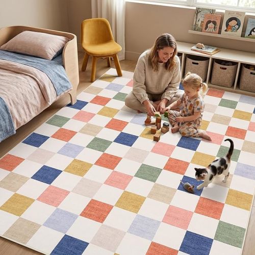 GarveeHome Checkered Nursery Kids Boy Playroom 5x7 Washable Rug Geometric Modern Soft Low-Pile Stain Resistant Rug for Bedroom Living Room Entryway Non-Slip TPE Backing