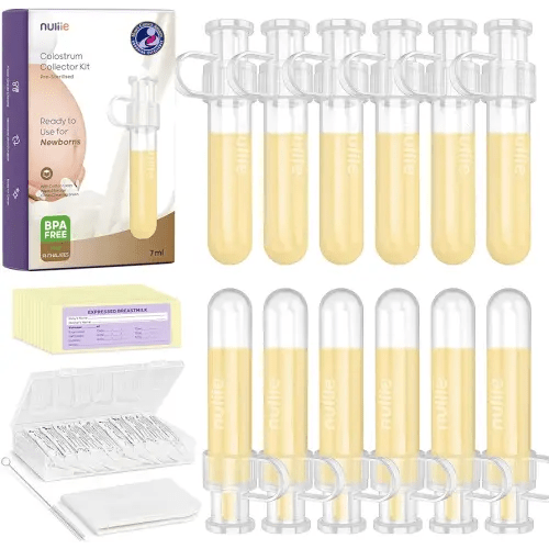 Nuliie Colostrum Collector Kit 7ml/12pcs, Leakproof, Reusable Breast Milk Collector, Heat & Freezer Resistant, BPA-Free, With Cotton Cloth Wipe, Storage Case, Cleaning Brush -Ready-to-Use for Newborns