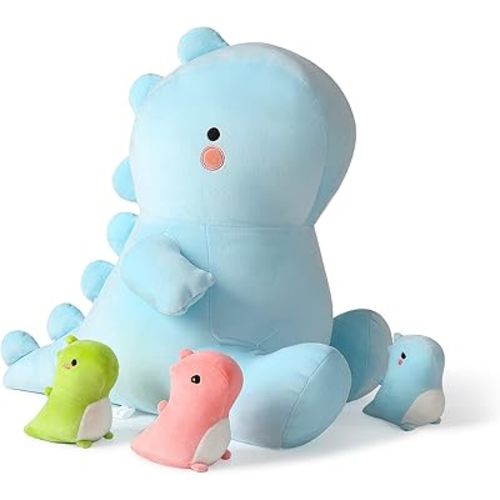 Onsoyours Mommy Dinosaur Stuffed Animal with 3 Dino in her Tummy, 4 Piece Cute Dinosaur Plush Pillow Toys for Kids Girls Boys (Blue Family)