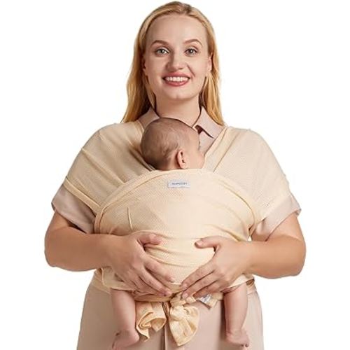 Momcozy Baby Carrier AirMesh - The Perfect Summer Sling for Newborns to Toddler 8-35 lbs - Cooling Fabric Baby Wrap, Lightweight, Ergonomic, and Easy to Wear, Beige