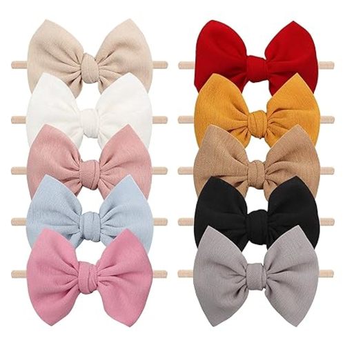 YanJie 4.5'' Nylon Bow Headbands for Baby Girls - Handmade Tied Bows Hair Accessories for Infants and Toddlers - 10 Pieces