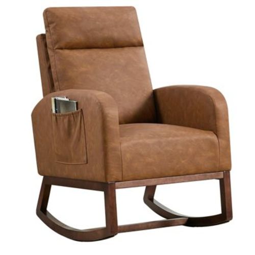 Brown PU Leather Nursery Rocking Chair, High Back Glider Chair with Side Pockets, Solid Wood Base & 300 lb Capacity