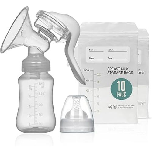 BPA Free Manual Breast Pump + 10 Breastmilk Storage Bag- Hand Pump Breastmilk & Milk Collector - Ergonomic Breast Pump & Breast Milk Storage Bags Freezer-Silicone, BPA Free,150 ml