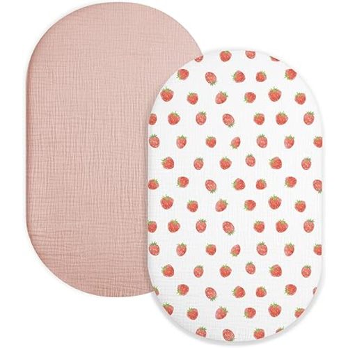 Bassinet Sheet for Baby Boy and Girl 2 Pack, Fitted Sheets for Rectangle, Oval, Hourglass Bassinet Mattress, Muslin Moses Basket Sheets with Neutral Style(Strawberry & Pale Pink)