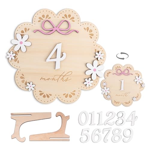 Baby Monthly Milestone Photo Sign, Wooden Floral Design with Pink Bows, Baby Girl Growth Tracker, 1-12 Months (Natural Wood and White with Pink Accents)