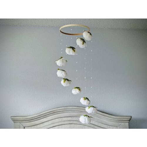 White Peony Baby Mobile - Handmade Nursery Decor- Floral Mobile - Cream Crib Mobile - Spinning Mobile