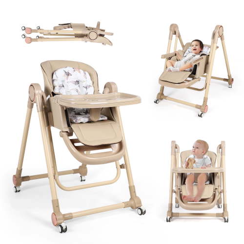 Loewten 3-in-1 Baby High Chair,Convertible Baby Swing,Foldable Infant Dining Chairs Seat with Wheels for Babies and Toddlers,Brown