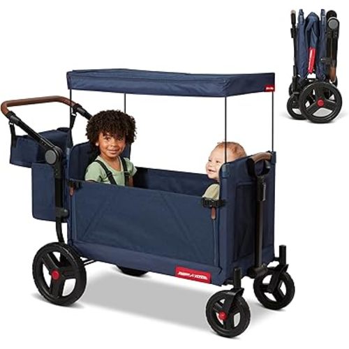 Radio Flyer Atlas Stroll 'N Wagon, Navy Blue, For Ages 1+, 3-in-1 Push or Pull Versatility, One-Hand Fold, UV Canopy, 5-Point Harnesses, Storage Capabilities, Rubber Wheels, Stroller Wagon for Kids