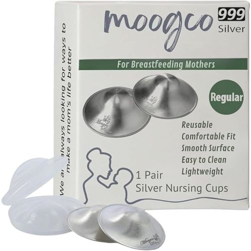 MOOGCO The Original Silver Nursing Cups - 999k Silver Nipple Cups - Nipple Shields for Breastfeeding Newborn – Protective Silver Nipple Covers for Nursing Moms (TriLaminate Regular)
