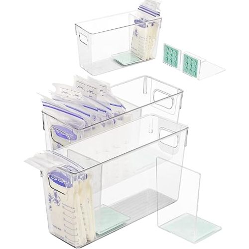 Breastmilk Storage Container with L Shaped Separator Boards, Dividers Will Flatten Standing Breast Milk Bags in Organizer Bins Save Refrigerator Space | 2 Containers Plus 4 Green Removable Dividers