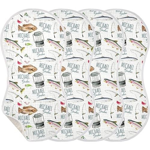 Custom Name Baby Burp Cloths for Baby Boys, Personalized 4 Pack Absorbent Cotton Burping Rags Bibs for Newborn Towel (Fishing)