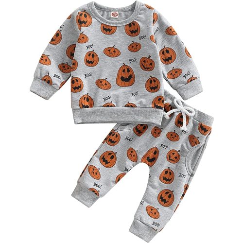 Ynibbim Halloween Baby Boy Girl Outfit Pumpkin Shirts & Pants Newborn Infant Long Sleeve Sweatshirts Toddler Clothes Set - Grey - 3-6 Months