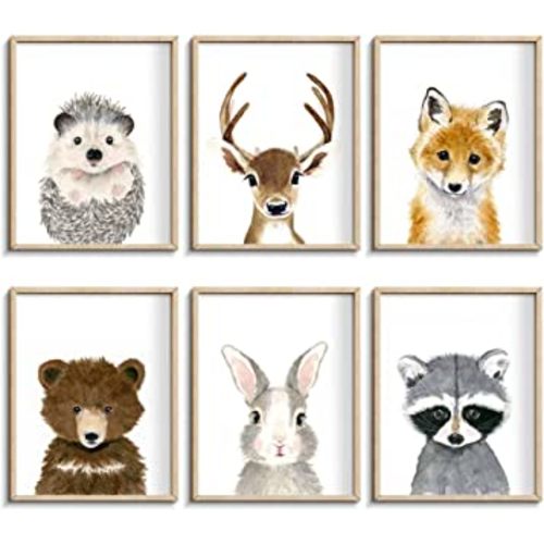 Nursery Baby Room Wall Art Decor, Jungle Nursery Baby Animal of Fawn Fox Rabbit Bear Decorations, Nursery Safari Cute Animal Decor for Baby Bedroom (12"x16", UNFRAMED)