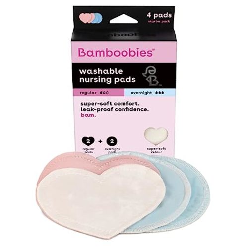 Bamboobies Women’s Nursing Pads, Reusable and Washable, Pink Regular and Blue Overnight, Variety Pack, Leak-Proof Pads for Breastfeeding, 2 Pairs