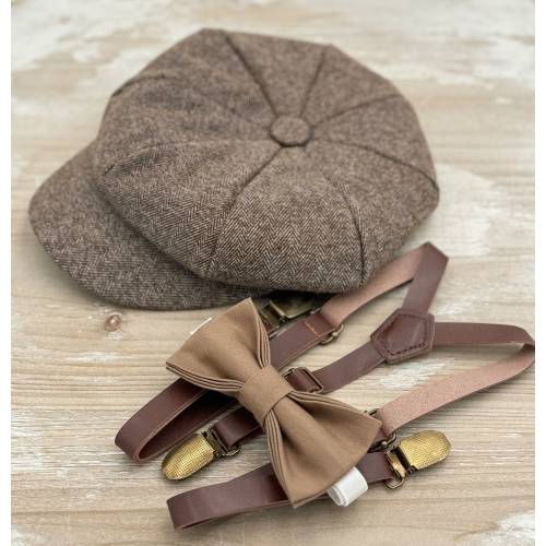 Tweed Newsboy Cap and Skinny Leather Suspenders – Taupe Bow Tie, Ring Bearer or Page Boy Outfit, Cake Smash Look, Wedding Gift Set