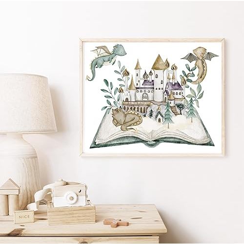 Dragon Baby Wall Print, Nursery Art, Boys Room Poster, Castle Print, Magical Book, Nursery Decor, Fairytale Kids Room, Dragon Themed Room,73