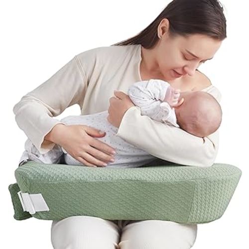 Nursing Pillow - Deluxe Original for Breastfeeding and Bottle Feeding, Ergonomic Support for Mom and Baby, Adjustable Waist Strap, Removable Cover, Memory Foam, Green