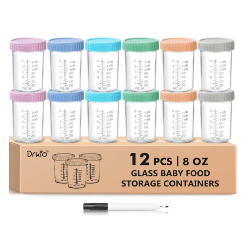 DRKIO 12 Pack Glass Baby Food Storage Containers - 8 Oz Baby Food Jars with Lids Baby Food Maker Microwave Dishwasher Freezer Safe 100% Leak Proof BPA Free Reusable
