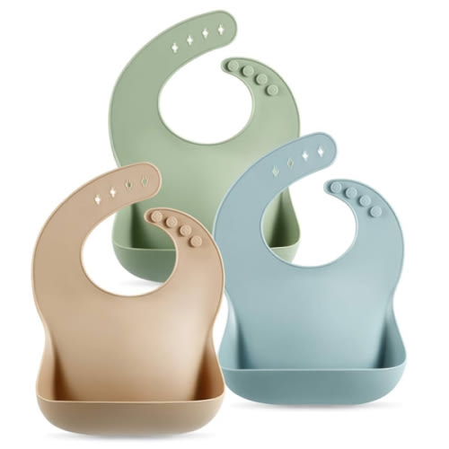 PandaEar Set of 3 Silicone Baby Bibs Waterproof, Soft, Unisex, 10-72 Months (Brown/Blue/Green)