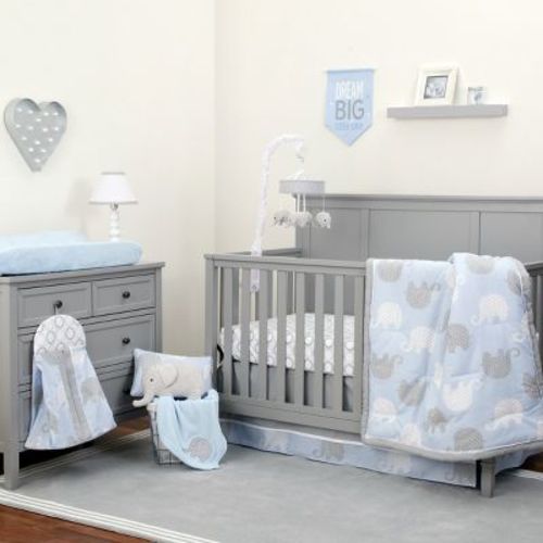 Nojo Dreamer Elephant Blue, Grey 8 Piece Nursery Crib Bedding Set