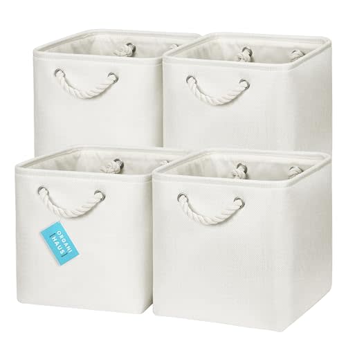 OrganiHaus 11x11 Cube Storage Bins 4 pack, Foldable Cube Storage Organizer w/ Rope Handles, Collapsible Fabric Bins for Toys, Clothes & Closet Organization, Fabric Square Baskets - Off-White