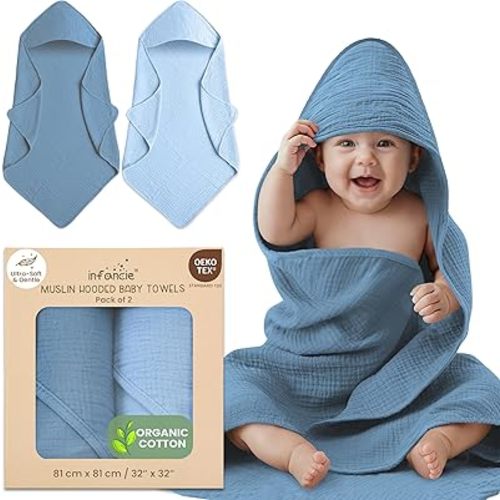 Organic Cotton Muslin Baby Hooded Towels - 32x32 Inch, 2 Pack Newborn Bath Towels for Boys & Girls, Soft & Absorbent Bath Set (Deep Blue/Aquarius)