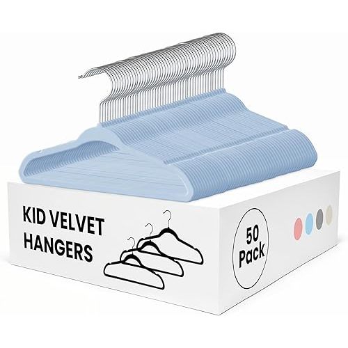 Simple Deluxe Kids Velvet Hangers 50 Pack, Non-Slip Baby Hanger for Infant & Toddler Clothes, 11 Inch Durable Children Hangers for Closet, Blue