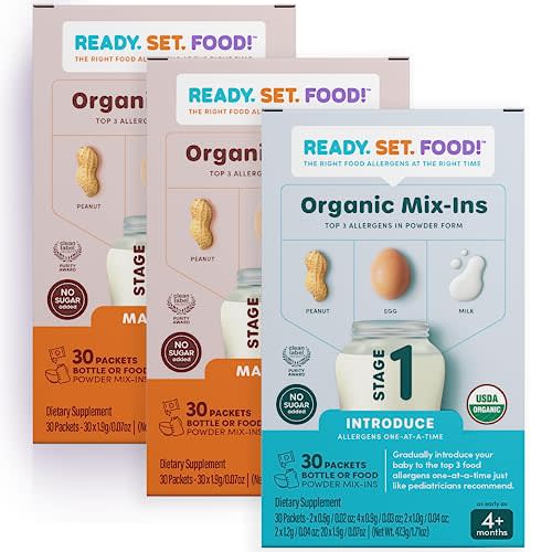 Stage 1 & 2 Mix-ins – Safe&Easy Early Allergen Introduction, Babies 4+ Months, Mix with Breastmilk, Formula & Baby Food, With 3 Top Allergens: Organic Peanuts, Milk & Eggs By Ready Set Food!(90 Days)