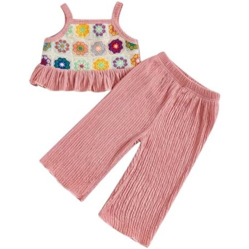 Baby Girl Outfits Crocheted Ruffled Camisole And Elastic Pants Set 6 12 18 24 Months 2 3 4 T