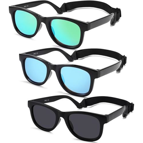 3 Pack Bendable Flexible Polarized Newborn Baby Sunglasses with Silicon Strap for Infant Boys Girls Age 0-12 Months CA9062
