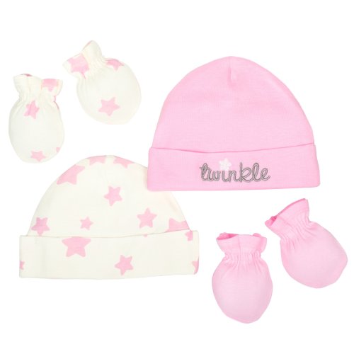 Gerber Baby Girls 4 Piece Organic Cap and Mitten Set,Cream/light pink,0-6M