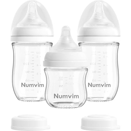 Glass Nurturing Baby Bottles Gentle & Extra Slow Flow, Newborn Breastfeeding Bottle with Anti Colic Nipple for 0 Months Babies, 3 Packs (White, 3oz+5oz)