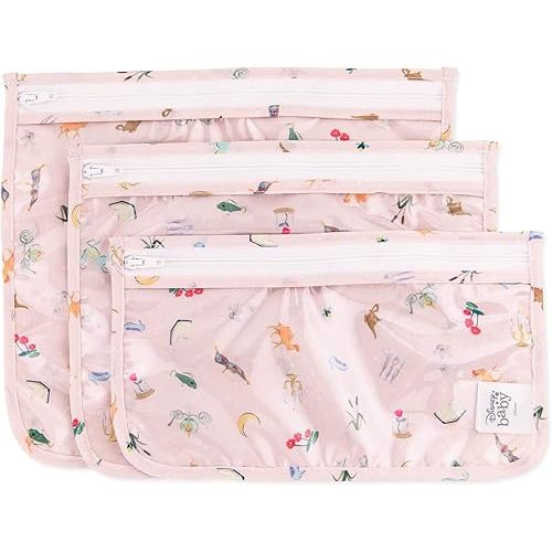 Bumkins Disney Travel Bag, Toiletry, TSA Approved Pouch, Zip Bag, Quart Size Airline Compliant, Clear-Sided, Baby, Diaper Bag Organization, Accessories, Packing, Set of 3 Sizes, Princess Magic Pink